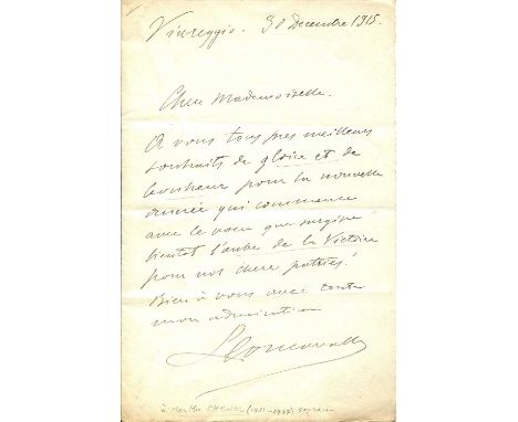 LEONCAVALLO RUGGERO: (1857-1919) Italian composer. A.L.S., `Leoncavallo´, one page, 8vo, Viareggio, 30th December 1915, to Ma