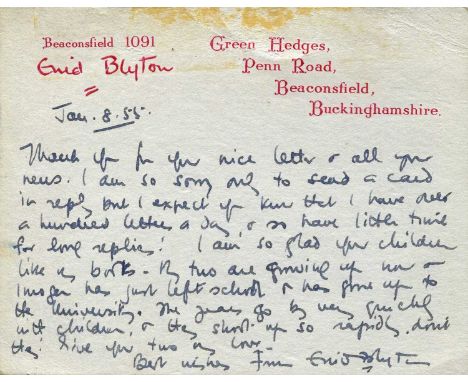 BLYTON ENID: (1897-1968) English children's writer. A.L.S., Enid Blyton, to the recto of her personal printed correspondence 