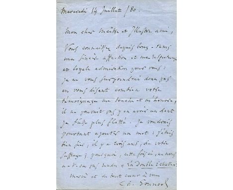 GOUNOD CHARLES: (1818-1893) French Composer. A good A.L.S., `Ch. Gounod´, one page, blue paper, 8vo, n.p., 14th July 1880, in
