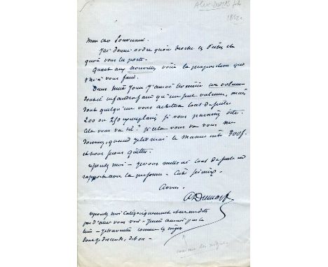 DUMAS ALEXANDRE: Fils (1824-1895) French author and playwright. A good A.L.S., A Dumas f, one page, 8vo, n.p., n.d., to [Hipp