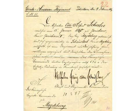 WILHELM II: (1859-1941) German Emperor and King of Prussia 1888-1918. D.S., twice, as Prince, three pages, 8vo, Potsdam, 9th 