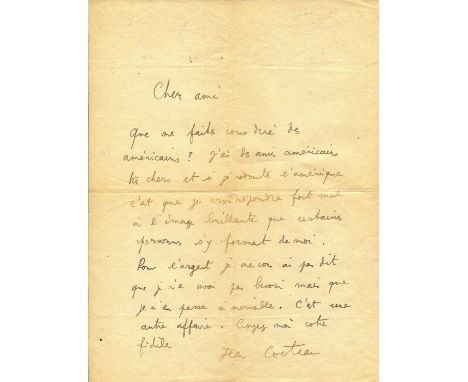 COCTEAU JEAN: (1889-1963) French poet, playwright, novelist, artist, filmmaker and critic. A good A.L.S., Jean Cocteau, one p