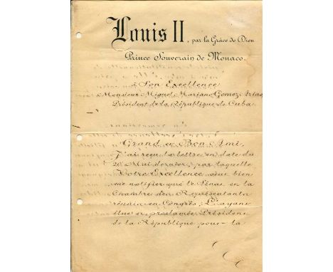 LOUIS II: (1870-1949) Prince of Monaco 1922-49. L.S., Louis, three pages, small folio, Palace of Monaco, 11th December 1936, 