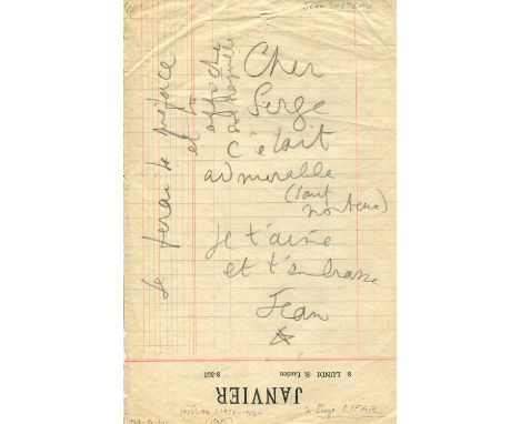 COCTEAU JEAN: (1889-1963) French poet, playwright, novelist, artist, filmmaker and critic. A brief A.L.S., Jean (with his fam