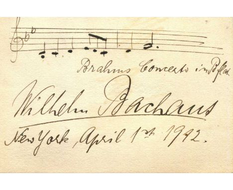 PIANISTS: Wilhelm Backhaus (1884-1969) German pianist. A.M.Q.S., Wilhelm Backhaus, to the verso of the personal printed oblon