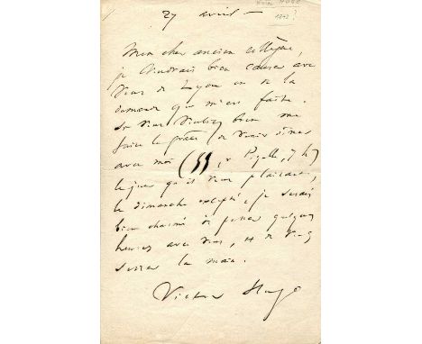 HUGO VICTOR: (1802-1885) French Poet & Novelist of the Romantic Movement. A.L.S., `Victor Hugo´, one page, 8vo, n.p., [Paris]