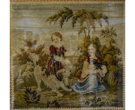 Victorian woolwork tapestry, depicting a boy and girl in a landscape, 53 x 56cm.