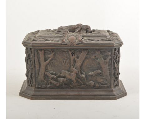 Late 19th Century cast and patinated metal casket, the fields with hunting scenes, stamped A B Paris, 20 x 12.5cm.