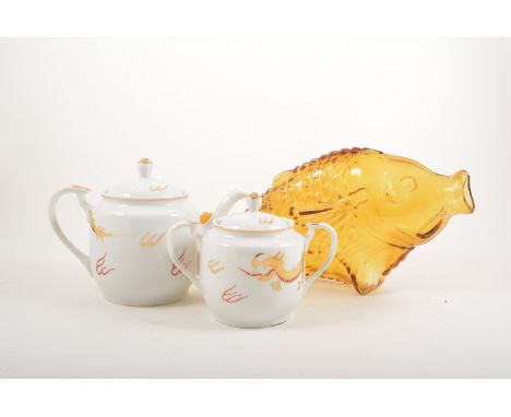 Japanese half tea service with (Geisha Girl head) eggshell china, other decorative plates and glass amber fish.