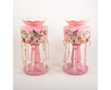 Pair of Victorian pink and opaque glass lustres, enamelled decoration with birds and flowers, with gilt outlines, 33cm high; 