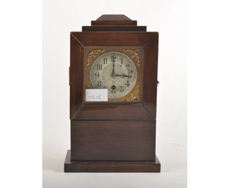 Mahogany shelf clock, square brass face, silvered dial, Continental movement, 29cm.