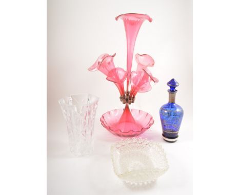 Victorian style seven fluted cranberry glass epergne, together with other assorted cranberry glass wares, drinking glasses, p