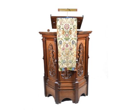 Victorian oak pulpit, octagonal with carved Gothic panels, three tread steps with handrail, height 149cm, adjustable reading 