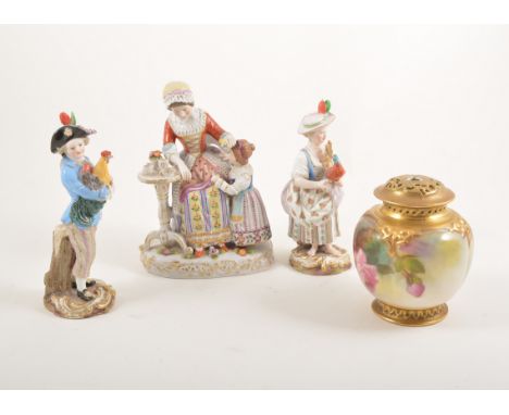 Figurine group, mother and daughter, two other figurines and a Royal Worcester pomander (AF), (4)