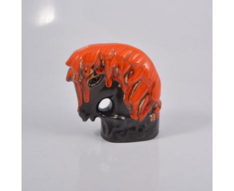 Eric Leaper, a pottery model of a horse head, running burnished orange glaze over a manganese body, 19cm high