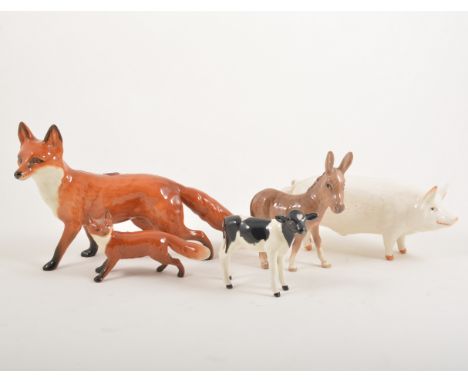 Beswick model of a Fox; another smaller; Beswick Thrush; Chaffinch; Pig; Donkey and Calf, (7)
