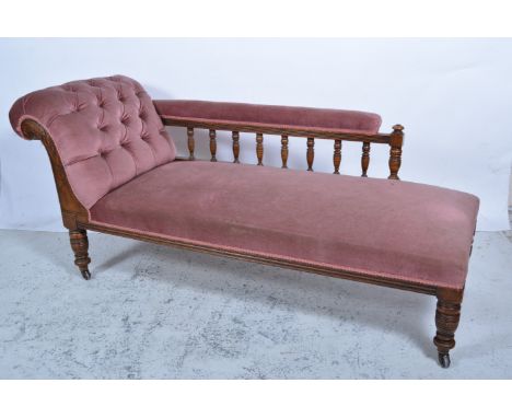 Victorian oak chaise longue, scrolled end, galleried back, turned and ringed legs, button dralon upholstery, approximate leng