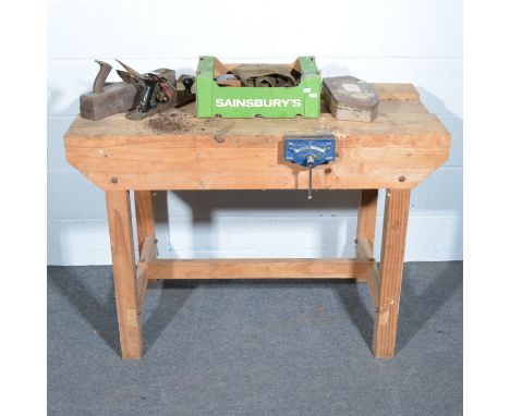 Pine work bench, 119cm, with vice; a collection of woodworking planes and hand tools.