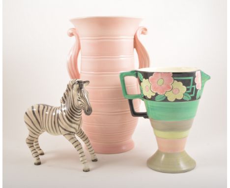 Beswick model of a Zebra, Noritake dish on a plated frame, similar side plate and two art pottery vases, (5)
