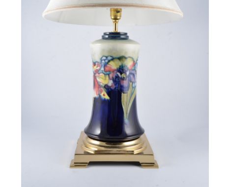 Walter Moorcroft, 'Orchid' a lamp base, circa 1947, waisted form, mounted on a later brass square base, 40.5cm inc. fittings,