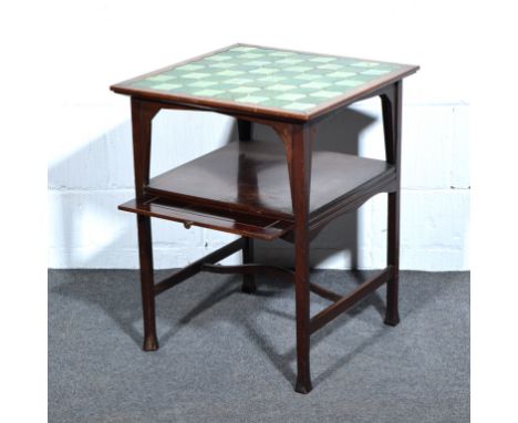 Victorian mahogany tile top side table, square surface inset with two tone green tiles above an undertier shelf with drawer s