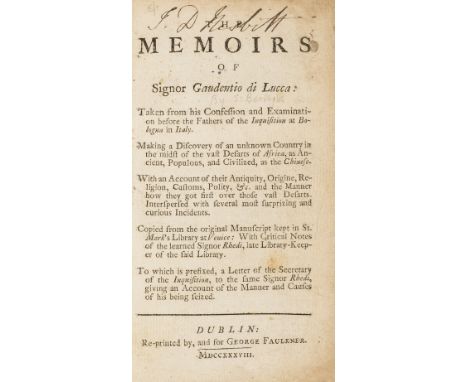 Utopian novel.- Berington (Simon) The Memoirs of Signor Gaudentio di Lucca...making a Discovery of an unknown Country in...Af