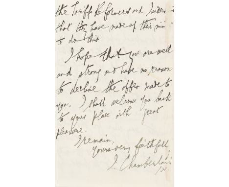 Chamberlain (Joseph, industrialist and politician, 1836-1914) 2 Autograph Letters (1 signed) to Edmund Boulnois, together 7pp
