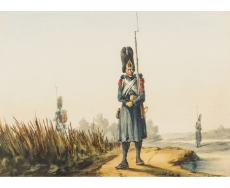 France.- Norie (Orlando, 1832-1901) French hussar regiment stopping for supplies; French soldier with bayonet, a pair, the la