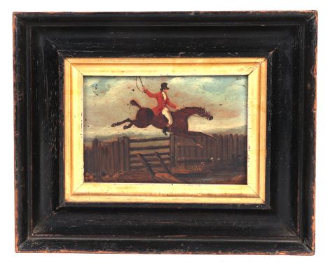 English naive school - A Huntsman in Hunting Pink Jumping a Gate on his Hunter - oil on copper, 12 by 8cms, framed.Condition 