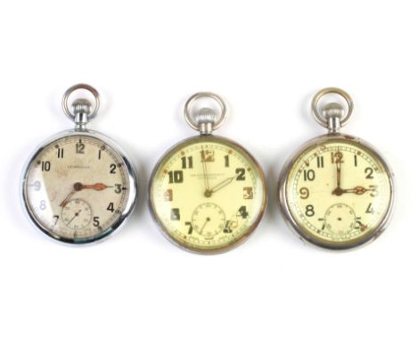 A group of three Military issue open faced pocket watches (3).Condition ReportOne is not running, the dial is chipped at the 