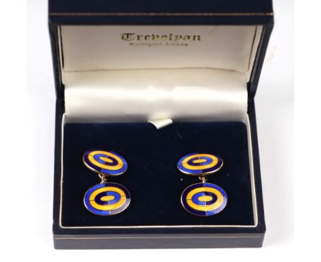 A pair of silver gilt and enamel gentleman's cufflinks, retailed by Trevelyan, Burlington Arcade, London, cased.