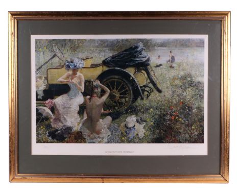 After Dexter Brown - Bathing Party with 1912 Renault - limited edition print 650/670, signed in pencil to the margin, 63 by 4