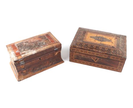 A 19th century Tunbridgeware box, 26cms wide; together with a similar Tunbridgeware two-division tea caddy of waisted form (b