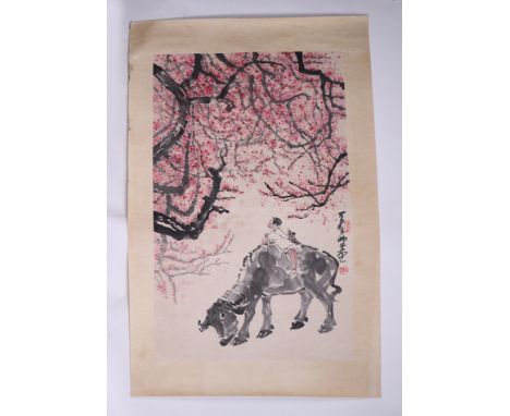 A Chinese watercolour scroll painting depicting a child riding an ox within a cherry blossom wood, signed, 99 by 52cms.