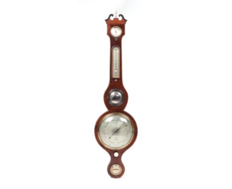 A 19th century mahogany wheel barometer with thermometer, hydrometer and level, the main silvered dial with Masonic emblem, 9