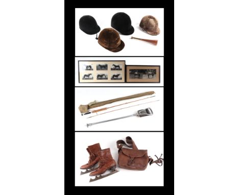 A quantity of assorted hunting, shooting and sporting items to include a two-piece split cane fishing rod; riding hard hats; 