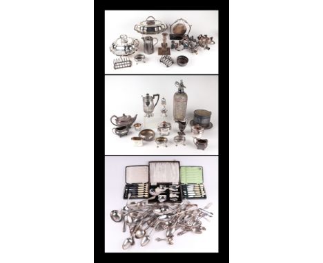 A quantity of silver plated items to include a silver plated entree dish and cover; another similar; King's pattern flatware;