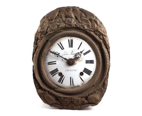 A French wall clock with brass surround, the brass enamel dial with Roman numerals, signed 'Jules Fontaine'.