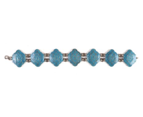 A Persian white metal and enamel panel bracelet.