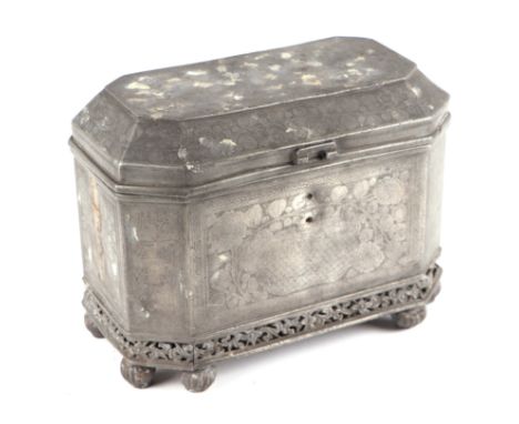 A Chinese pewter two-division tea caddy, 23cms wide.