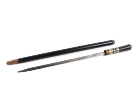 An Indian hardwood swordstick with brass lion mask pommel, 35cms long blade, 58cms long overall.