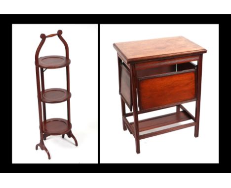An Edwardian walnut card table, the rectangular top on reeded tapering legs, 54cms wide; together with a mahogany three-tier 