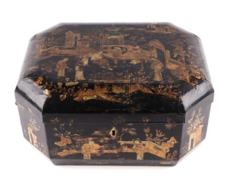 A 19th century Chinese Canton Export tea caddy decorated with figures on a black ground with two internal pewter caddies, 30c