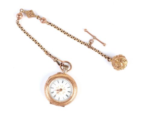 A 14ct gold and enamel fob watch, the white enamel dial with Roman numerals, on a 9ct gold Albertina watch chain, the watch c