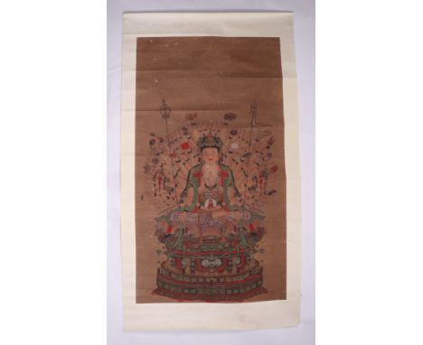 A Chinese watercolour scroll painting depicting a deity seated in the lotus position, 113 by 56cms.