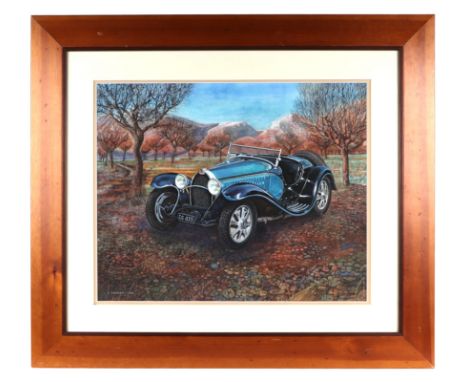 LS Ramsey (modern British) - A study of a Bugatti Type 55, reg no. DG 433, in an orchard setting, watercolour heightened with