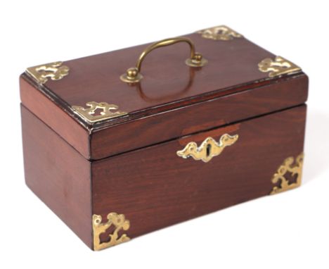 A Georgian mahogany brass mounted tea caddy, 22cms wide.Condition ReportThe inside has been stripped and relined with blue ba