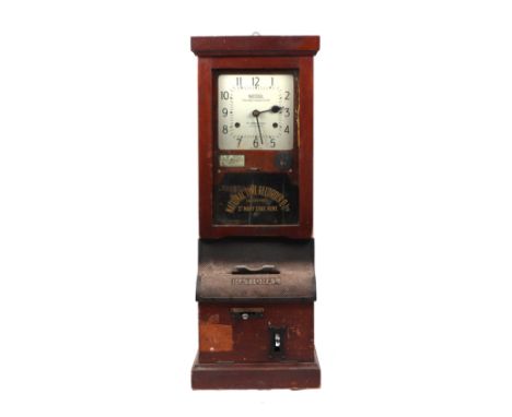 A National Time Recorder Co. Ltd. clocking in machine in an oak case, 100cms high.