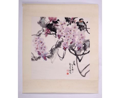 A Chinese watercolour scroll painting depicting a bird amongst flowering cherry blossom, 54 by 54cms.