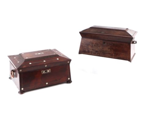 A William IV rosewood sarcophagus form work box, 33cms wide; together with a similar rosewood tea caddy (both for restoration